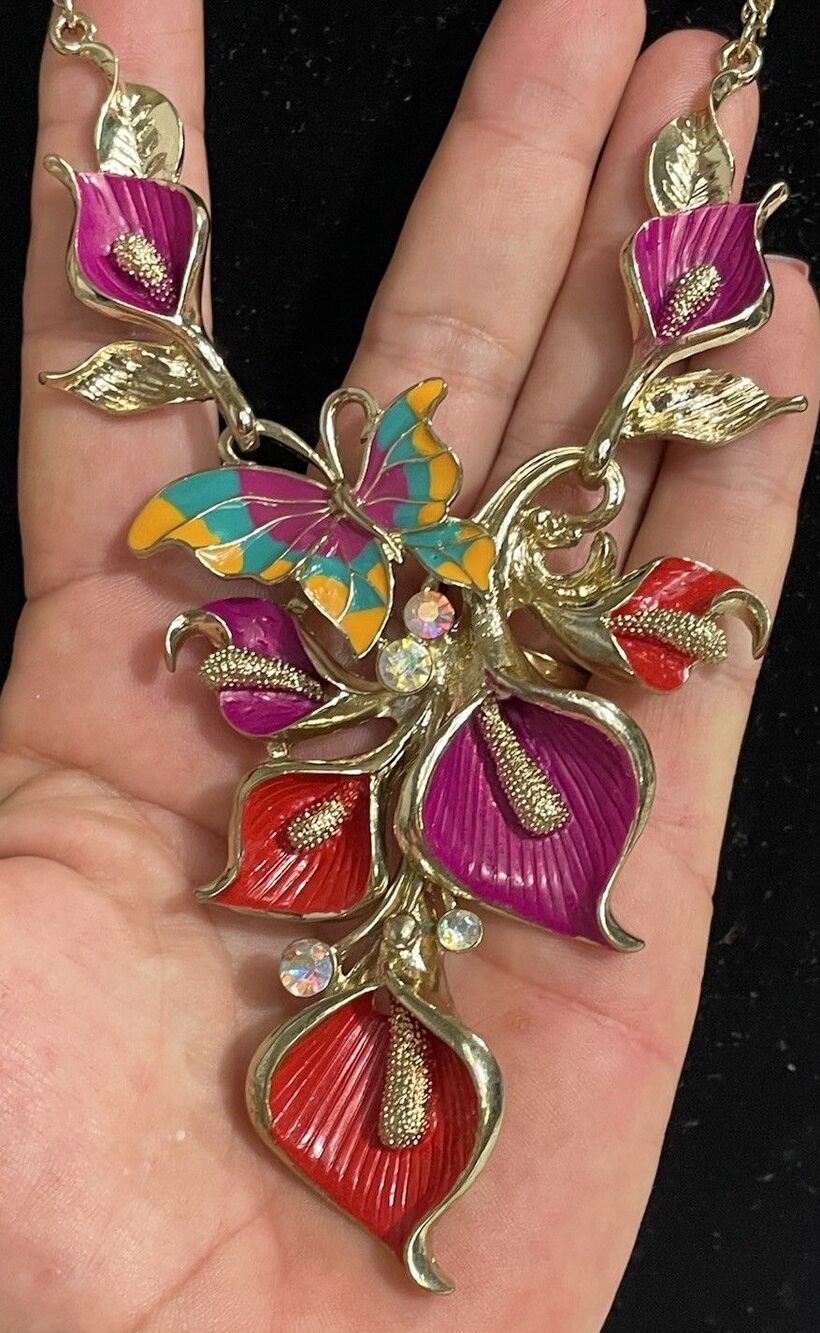 Heavy Multi Color Enamel Flower Butterfly Calla Lilly Necklace Statement 18-20”